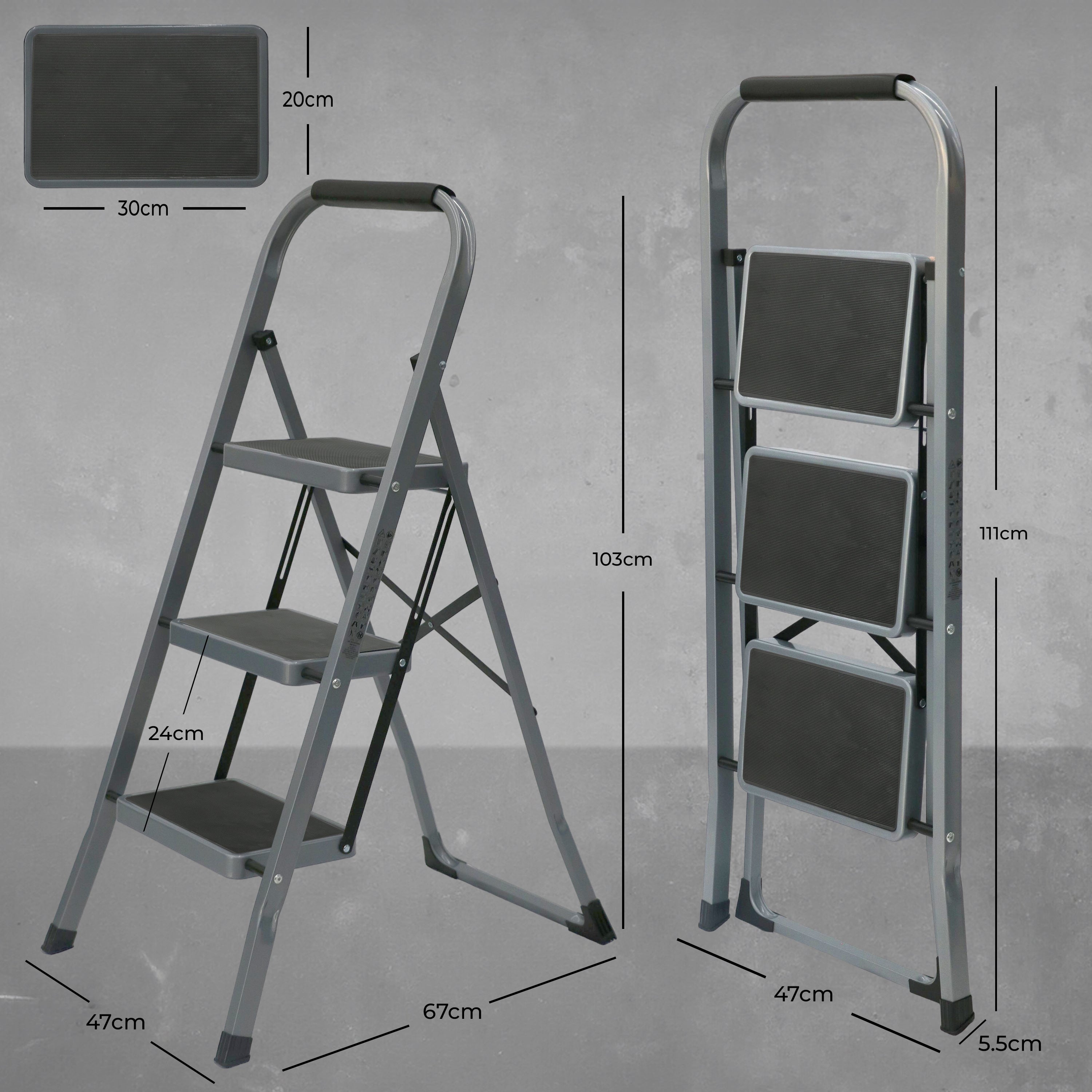 UZIRO Escalera Plegable 3 Peldaños -Estructura de Acero y Peldaño Antideslizante - Asa Superior de Goma - Escaleras Plegables Domésticas - Step Ladder para Hogar