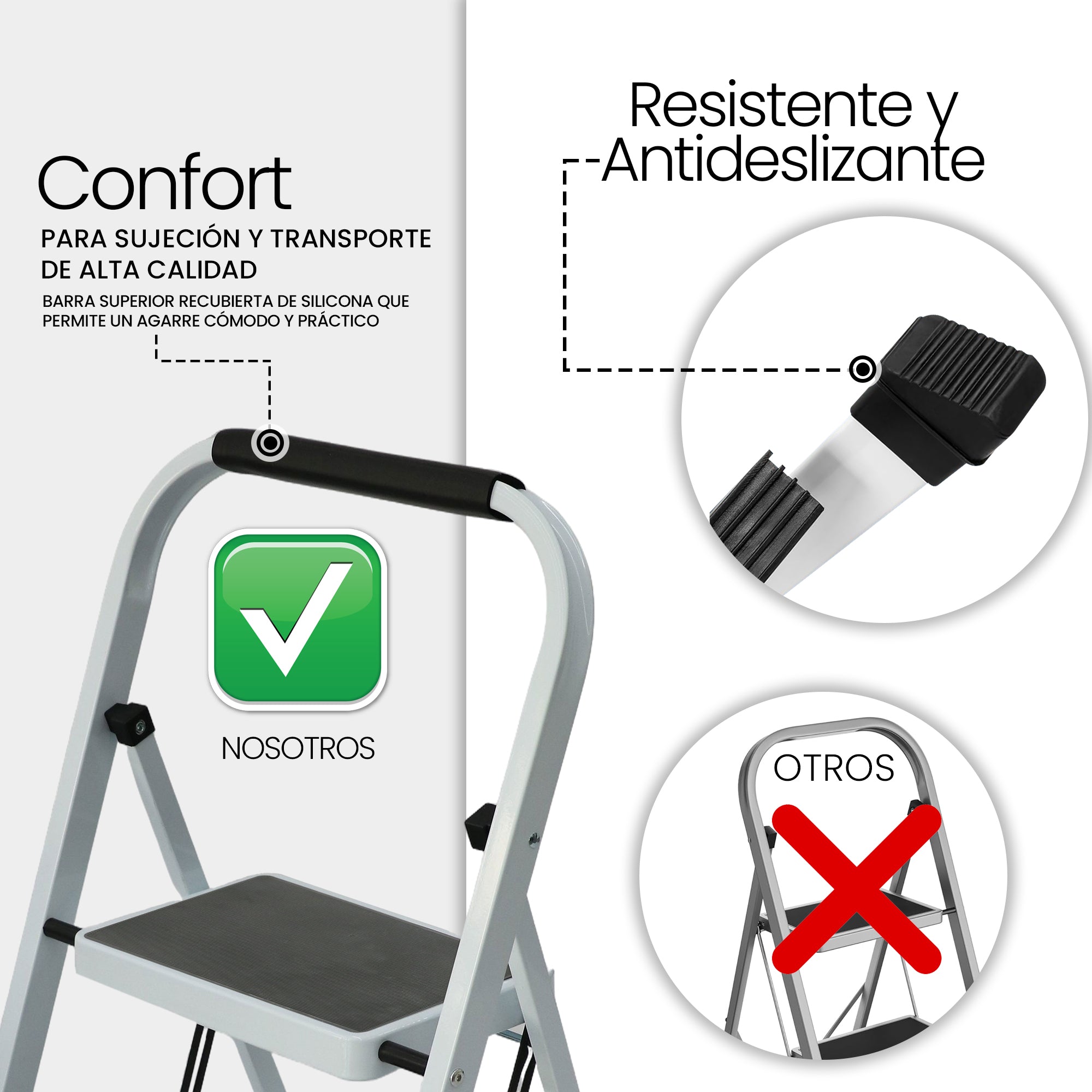 UZIRO Escalera Plegable 3 Peldaños -Estructura de Acero y Peldaño Antideslizante - Asa Superior de Goma - Escaleras Plegables Domésticas - Step Ladder para Hogar