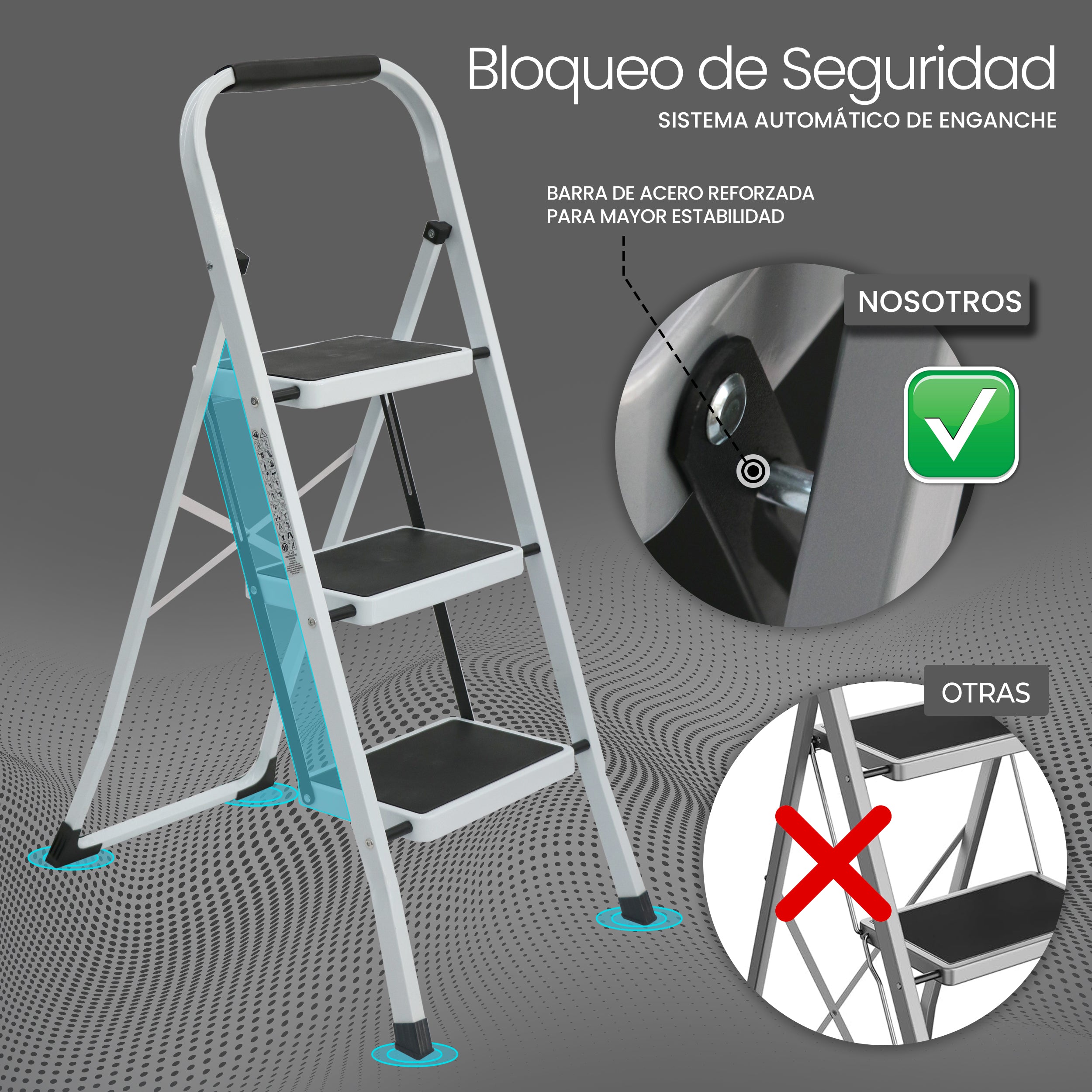 UZIRO Escalera Plegable 3 Peldaños -Estructura de Acero y Peldaño Antideslizante - Asa Superior de Goma - Escaleras Plegables Domésticas - Step Ladder para Hogar