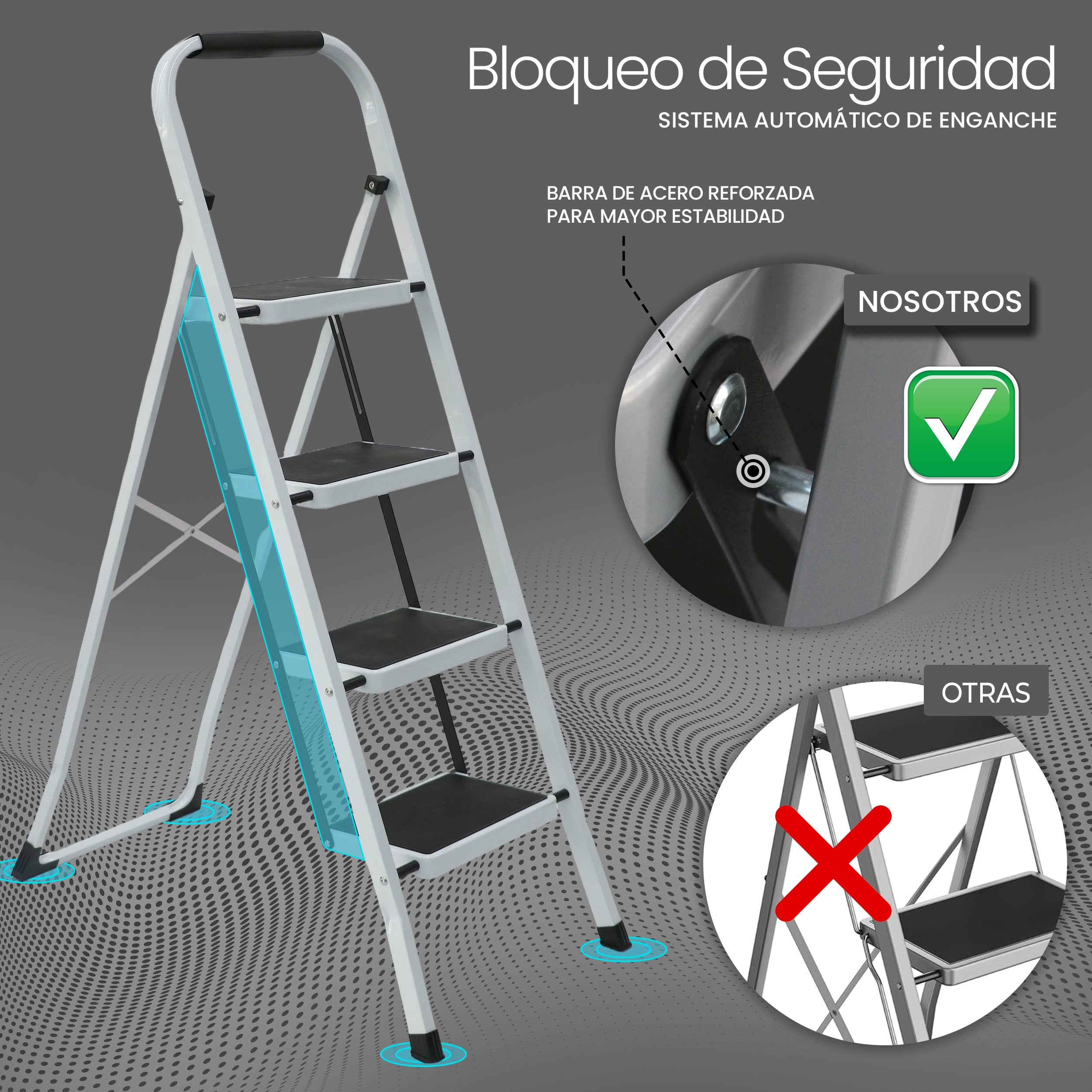 UZIRO Escalera Plegable 4 Peldaños -Estructura de Acero y Peldaño Antideslizante - Asa Superior de Goma - Escaleras Plegables Domésticas - Step Ladder para Hogar