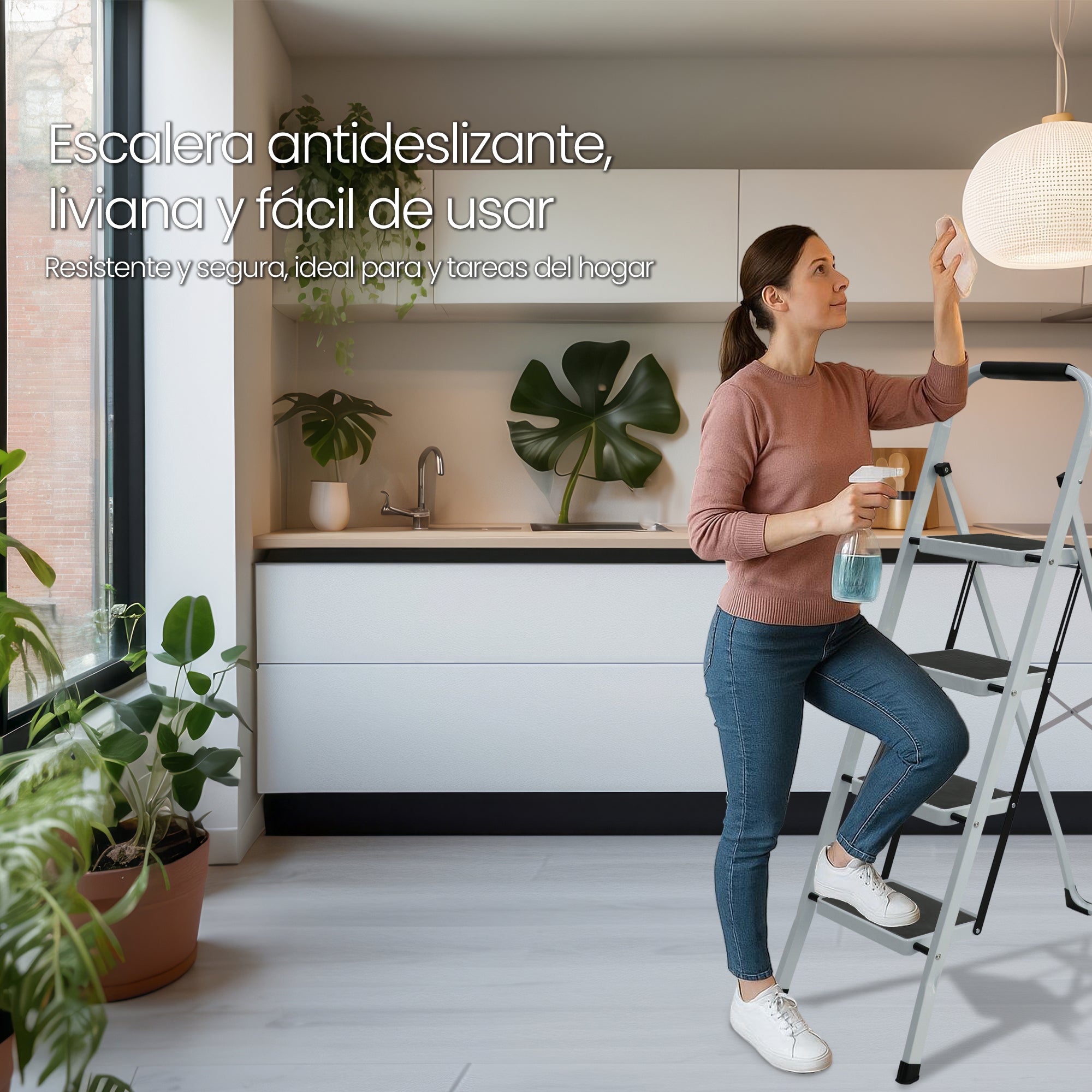 UZIRO Escalera Plegable 3 Peldaños -Estructura de Acero y Peldaño Antideslizante - Asa Superior de Goma - Escaleras Plegables Domésticas - Step Ladder para Hogar