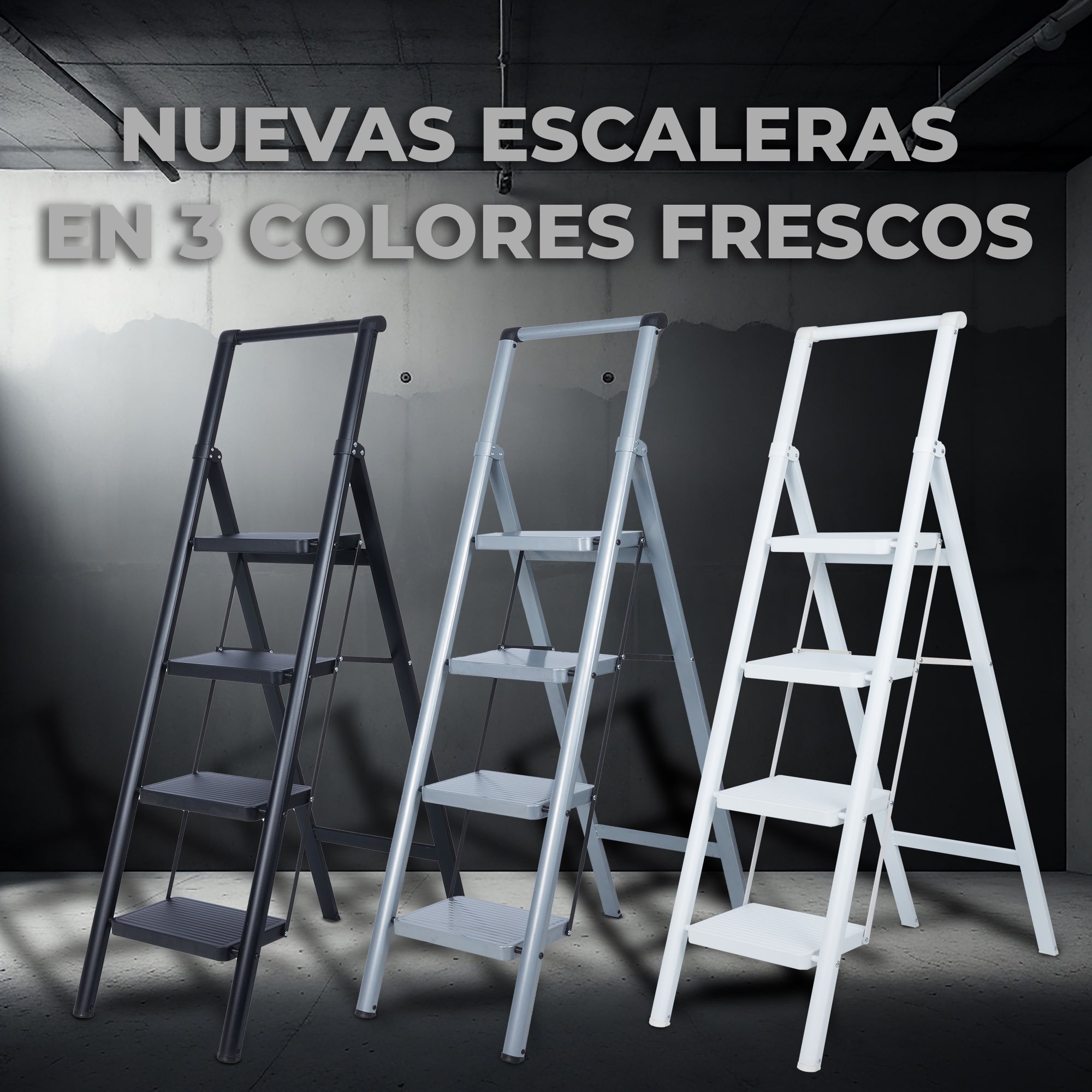 Escalera 4 Peldaños Anchos, Antideslizante, Color Blanco