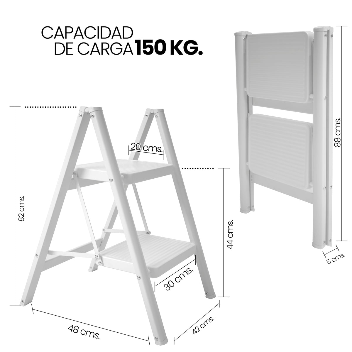 UZIRO Escalera Plegable 2 Peldaños, Escaleras Decorativa, Peldaños Anchos Antideslizantes, Ideal para Uso en Hogar, Cocina y Oficina, Fácil de Guardar y Transportar, Resistente (Blanco, 2 Peldaños)