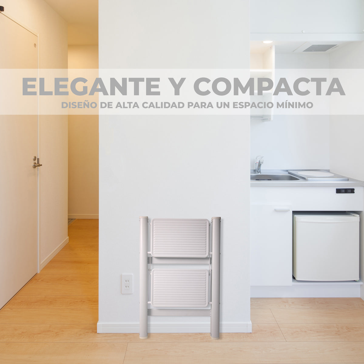 UZIRO Escalera liviana plegable blanca de acero y aluminio, 2 peldaños anchos decorativa
