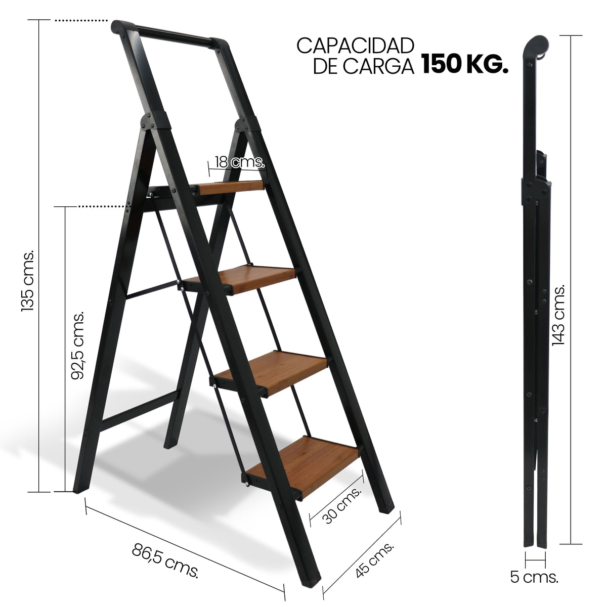 UZIRO Escaleras Plegables 4 Peldaños, Escalera de Aluminio 4 Peldaños Anchos, Sistema Antodeslizante, Muy Liviana y Facil de Guadar
