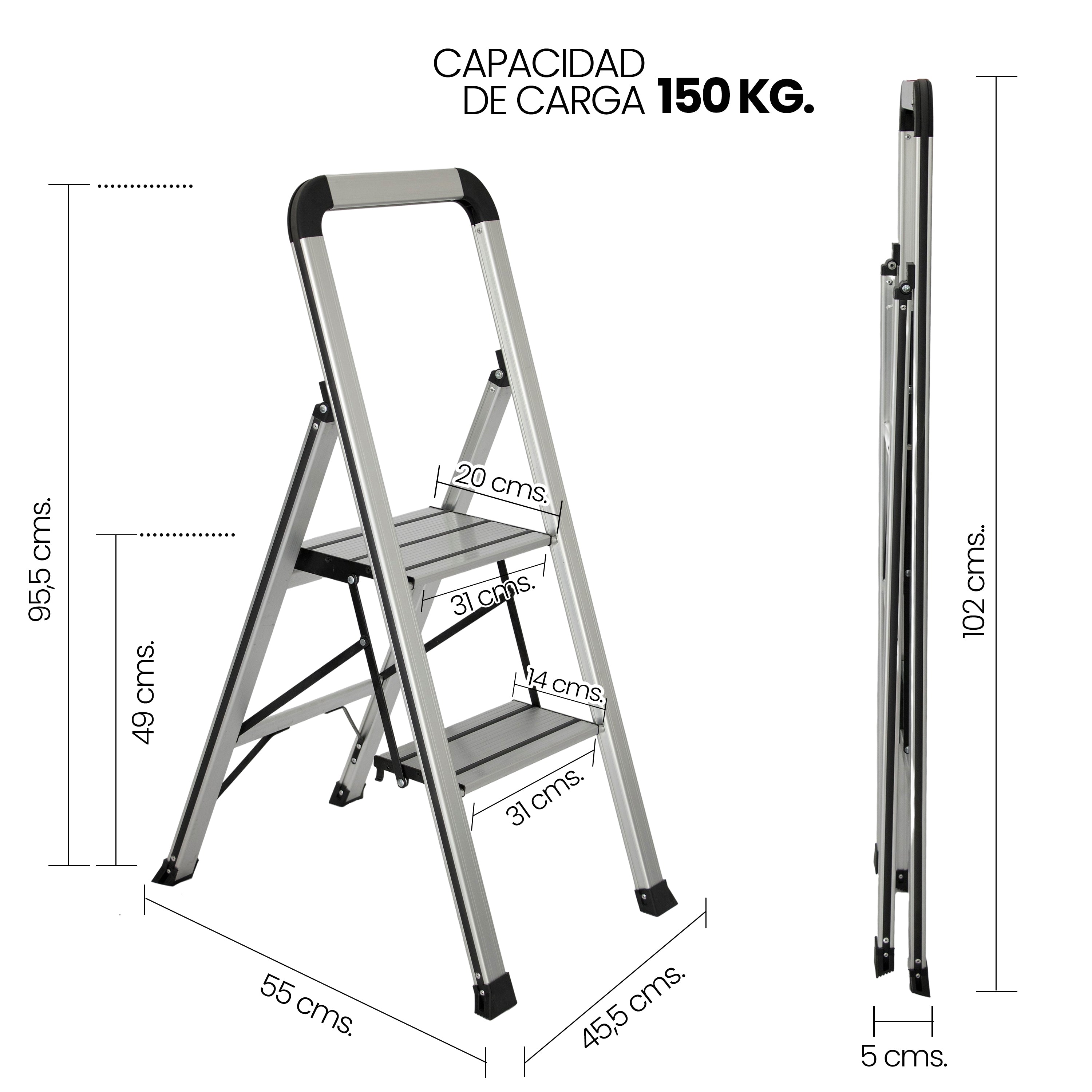 Escalera de Aluminio 2 Peldaños Anchos Antideslizantes