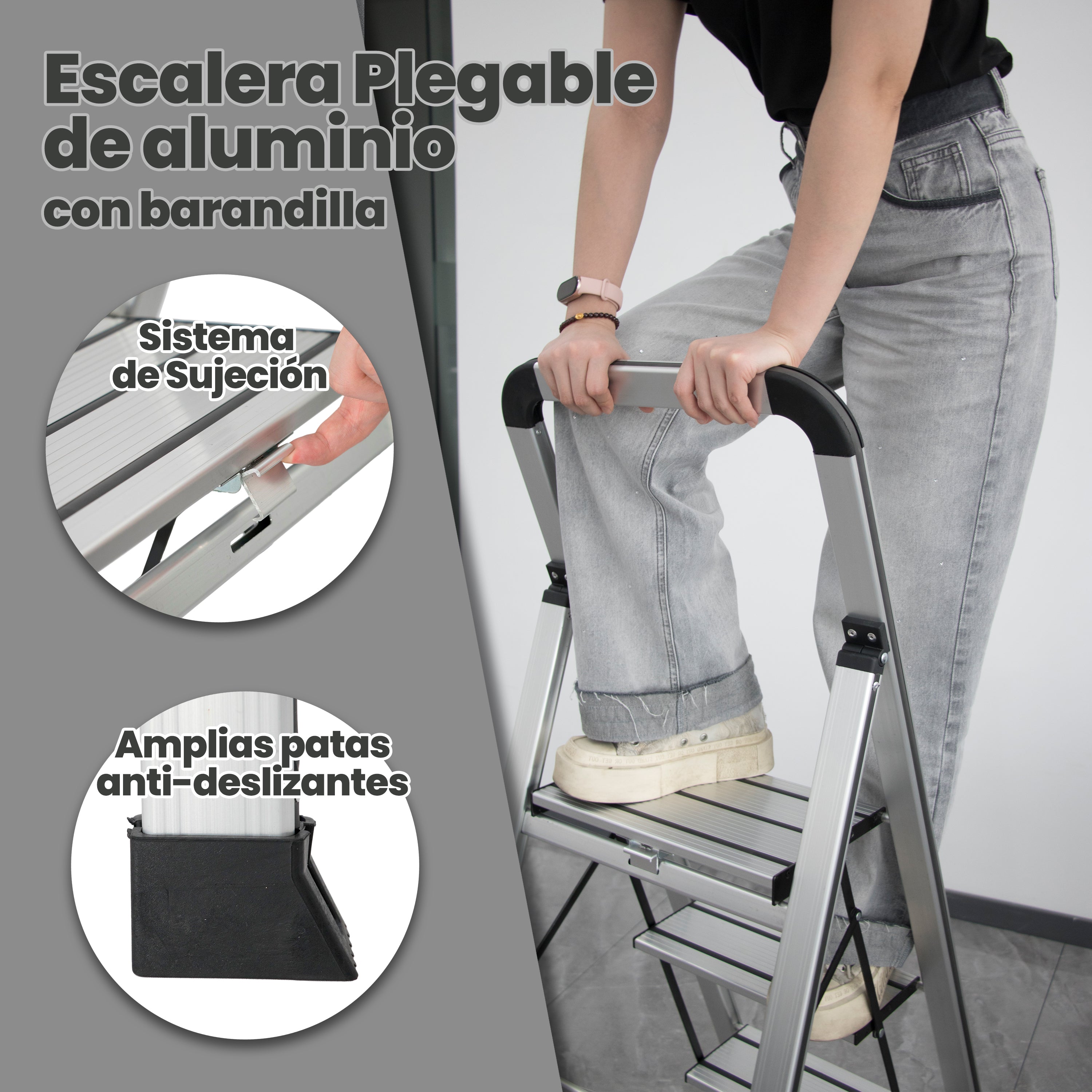 Escalera de Aluminio 4 Peldaños Anchos Antideslizantes