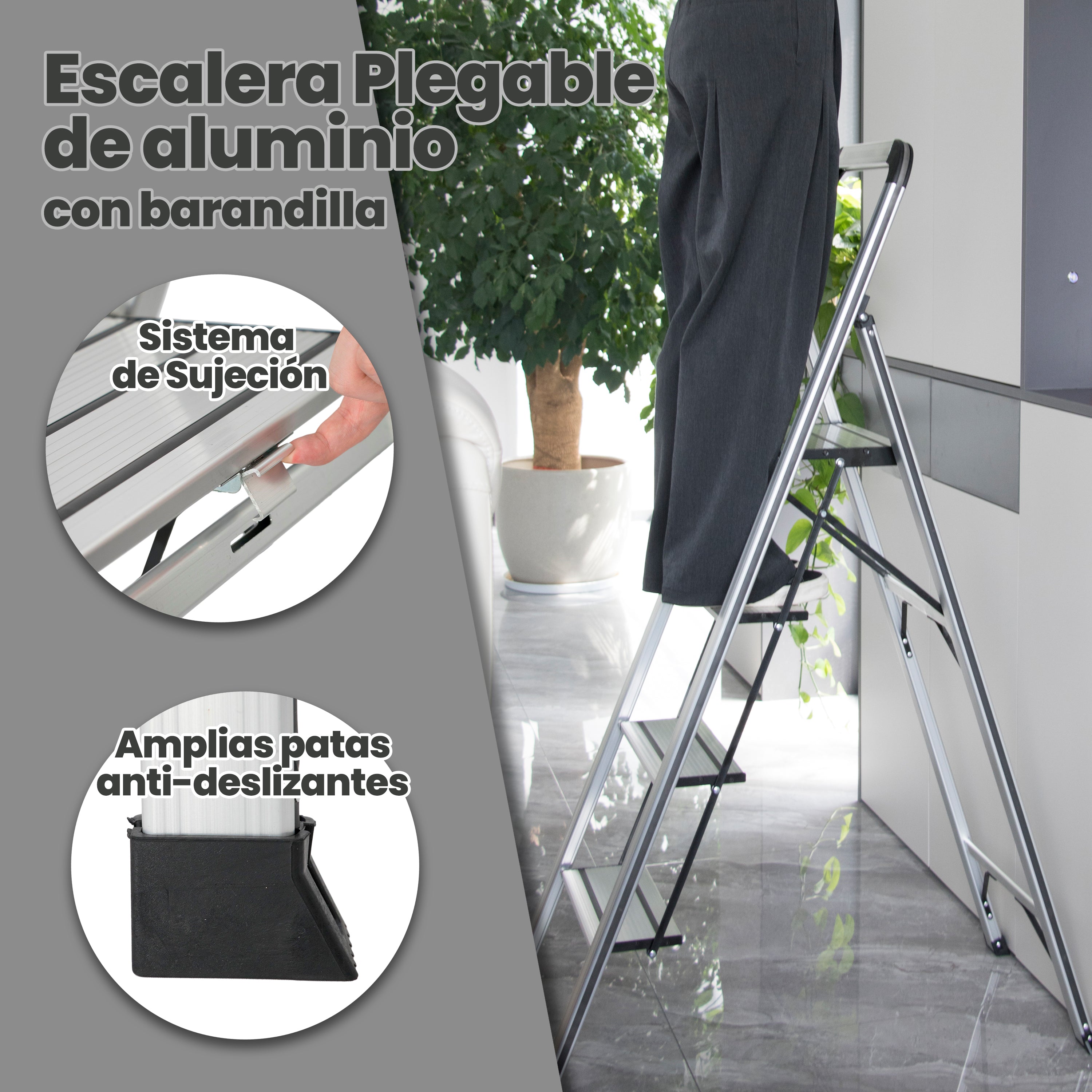 Escalera de Aluminio 4 Peldaños Anchos Antideslizantes