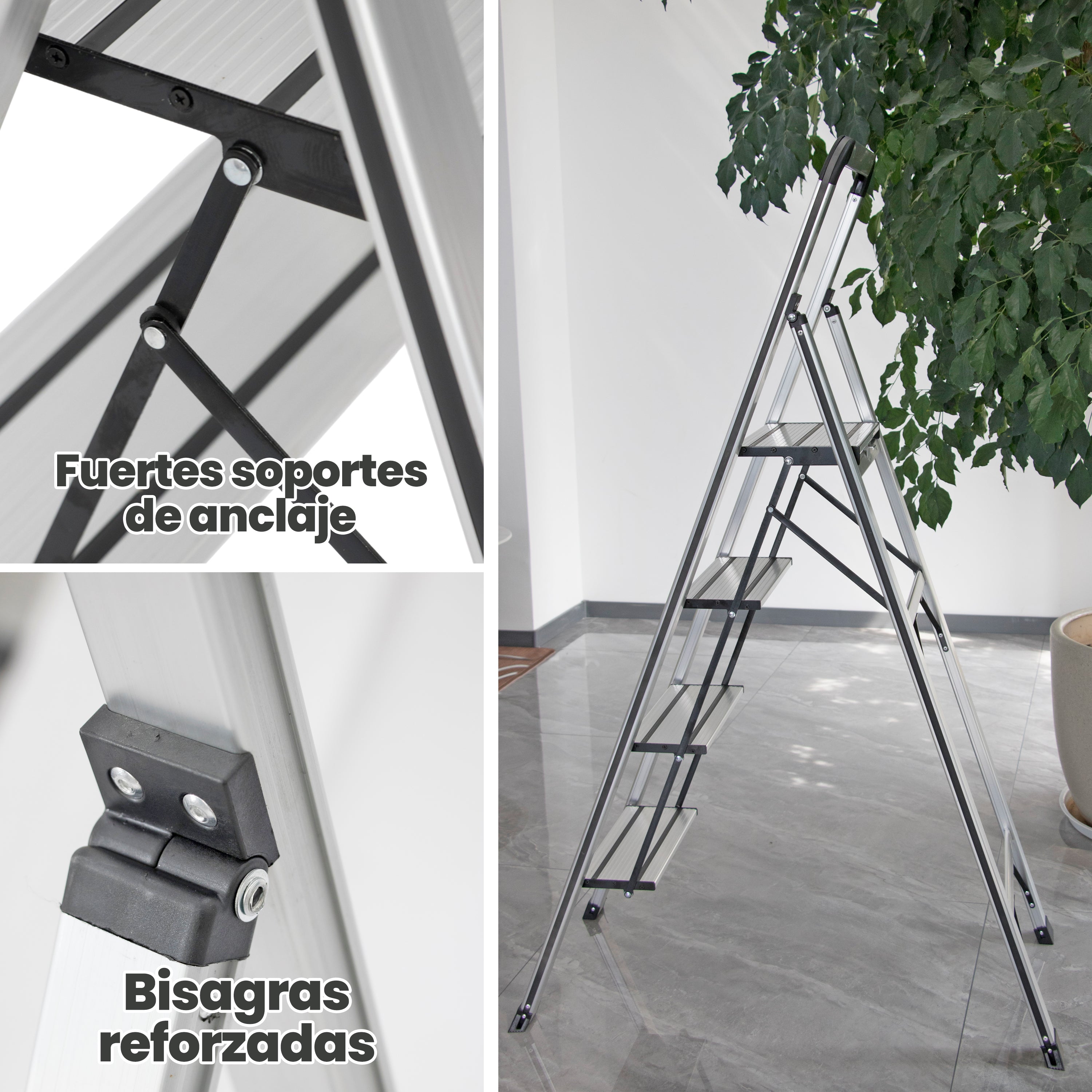 Escalera de Aluminio 4 Peldaños Anchos Antideslizantes