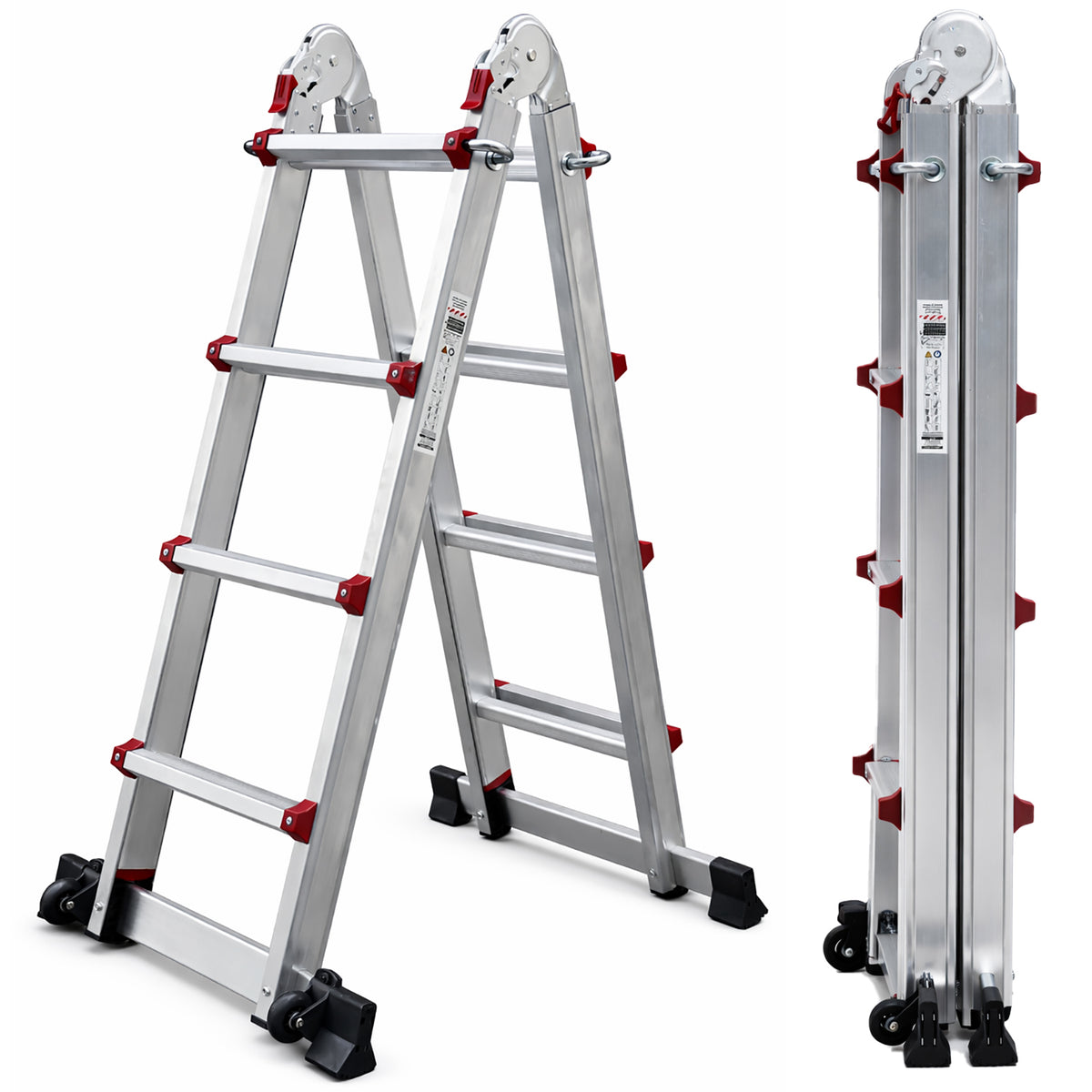 UZIRO Escalera telescópica articulada de aluminio 4×4, 3,98 m con estabilizador y ruedas