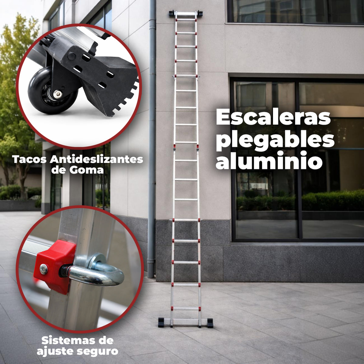 UZIRO Escalera telescópica articulada de aluminio 4×5, 5,19 m con estabilizador y ruedas