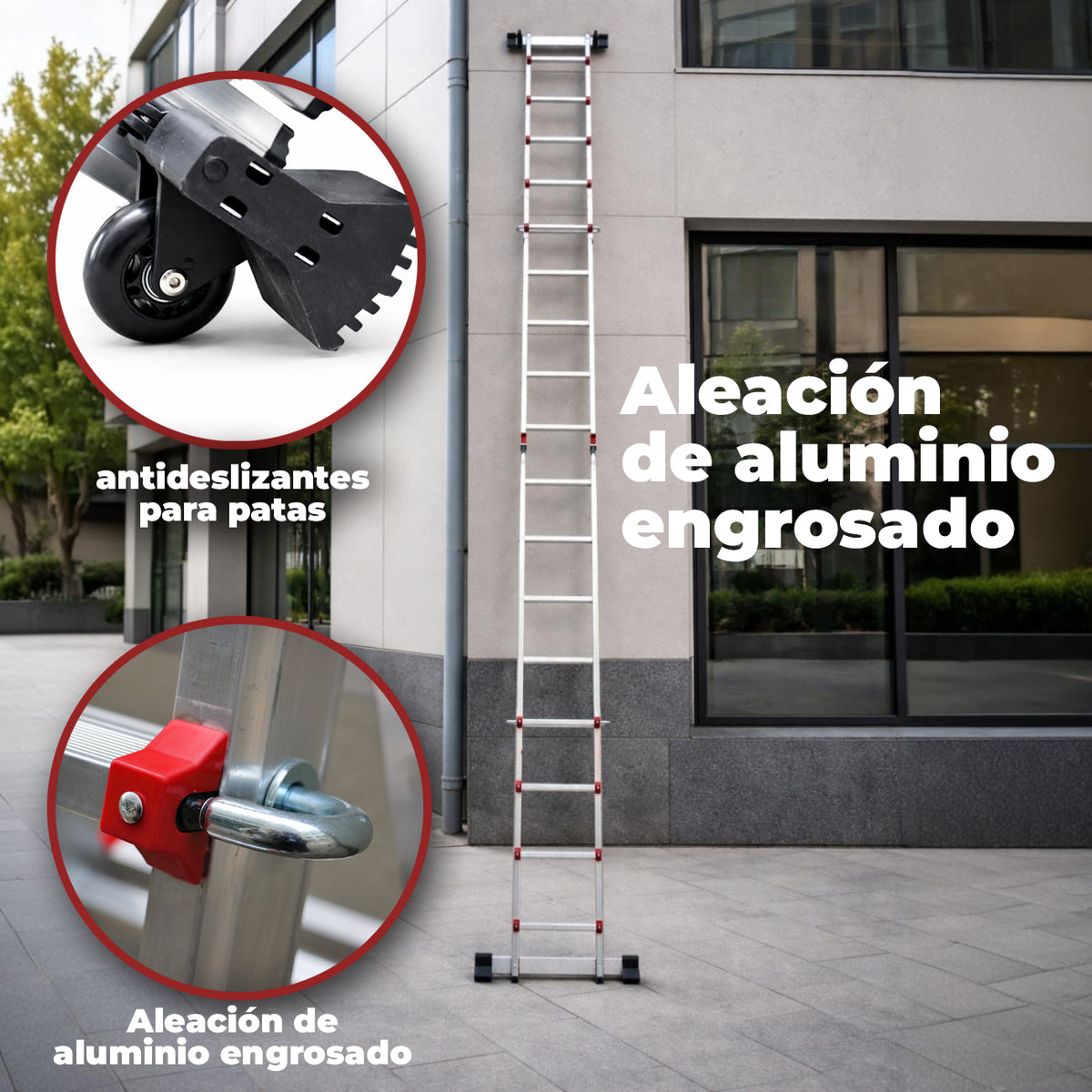UZIRO Escalera telescópica articulada de aluminio 4×4, 3,98 m con estabilizador y ruedas