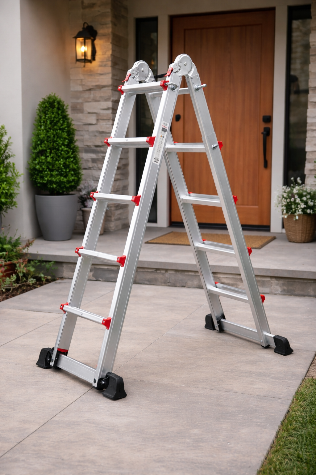 UZIRO Escalera Telescópica Plegable Articulada de Aluminio 4x5, Multiposición Extensibles, 5,22 M, 5 Peldaños, Soporta hasta 150 KG, Plegable y Compacta, con Barra Estabilizadora y Ruedas