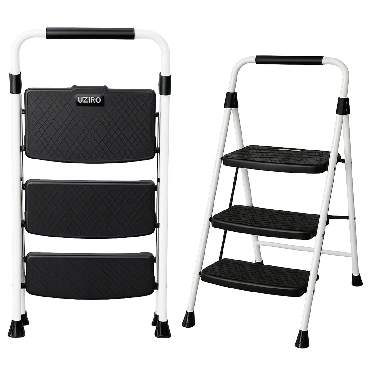 UZIRO Escalera Plegable 3 Peldaños, Estructura de Acero y Aluminio, Color Blanco, Peldaños Antideslizantes, Asa de Goma, para Hogar, Cocina, Oficina y Bricolaje