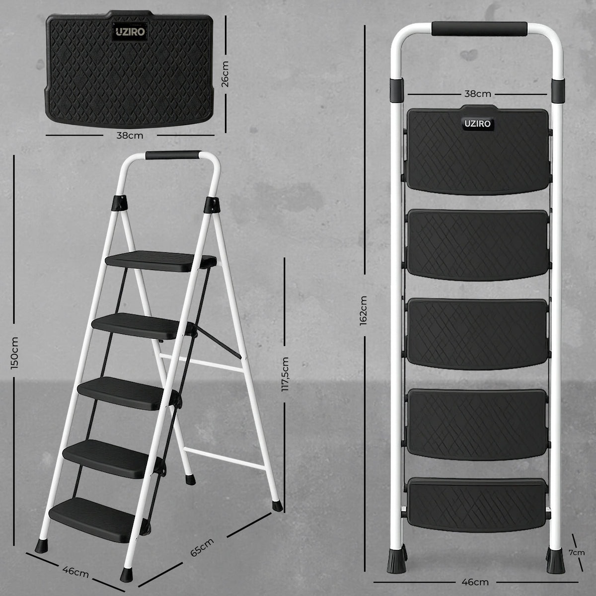UZIRO Escalera Plegable 5 Peldaños de Acero y Aluminio, Escalera Pequeña Plegable Blanca con Peldaños Antideslizantes y Asa de Goma, para Hogar, Cocina, Oficina y Bricolaje