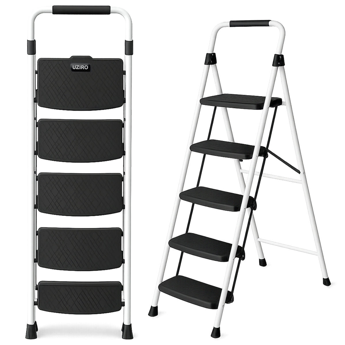UZIRO Escalera Plegable 5 Peldaños de Acero y Aluminio, Escalera Pequeña Plegable Blanca con Peldaños Antideslizantes y Asa de Goma, para Hogar, Cocina, Oficina y Bricolaje
