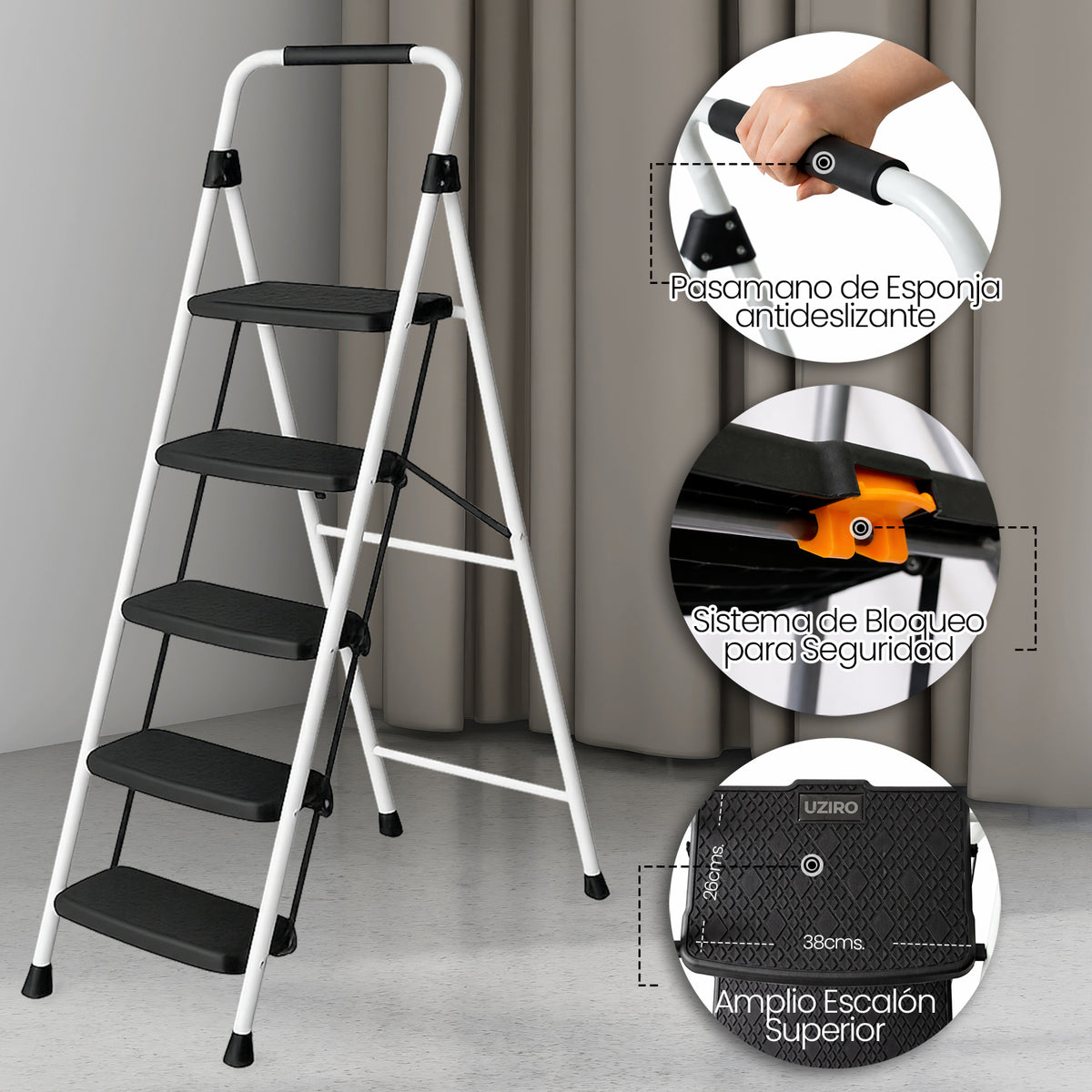 UZIRO Escalera Plegable 5 Peldaños de Acero y Aluminio, Escalera Pequeña Plegable Blanca con Peldaños Antideslizantes y Asa de Goma, para Hogar, Cocina, Oficina y Bricolaje