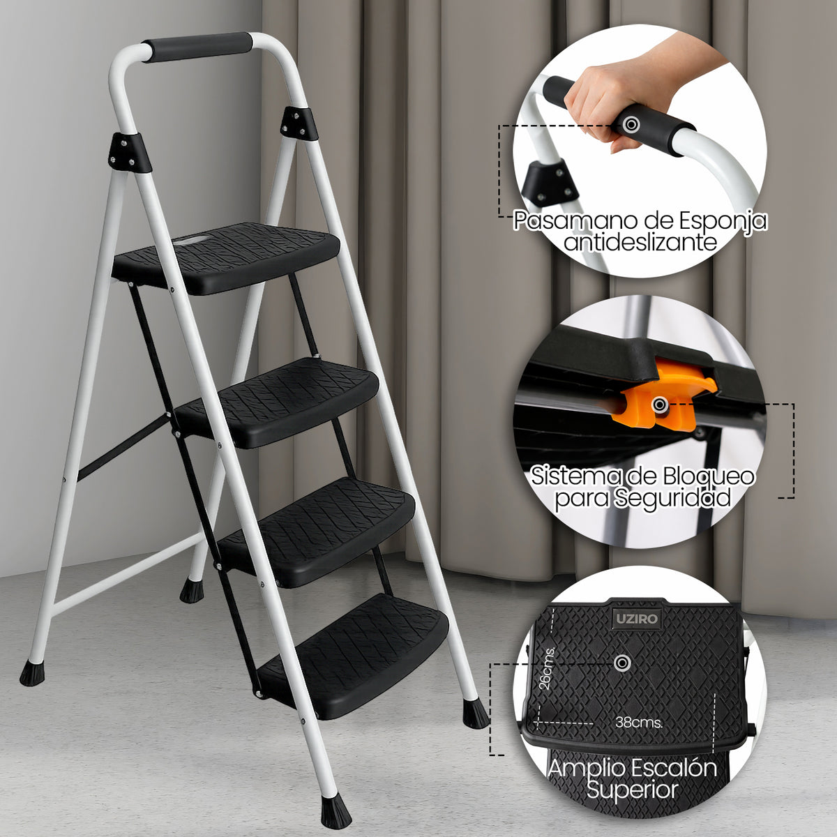 UZIRO Escalera liviana plegable blanca de acero y aluminio, 4 peldaños con asa de goma