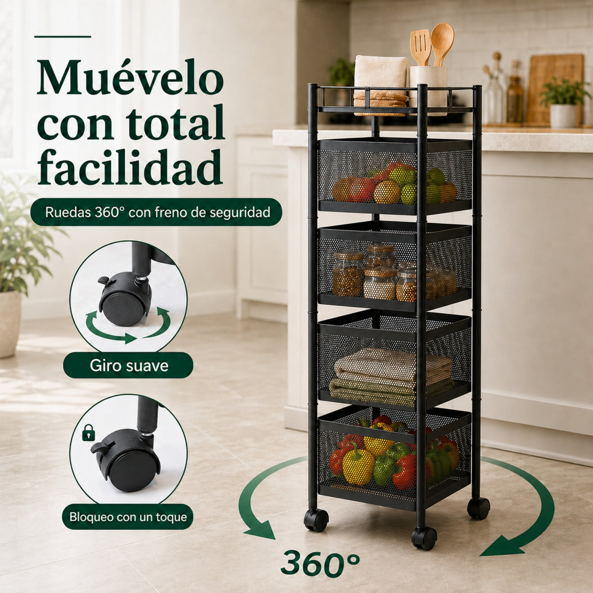 UZIRO Carrito Auxiliar con Ruedas, Verdulero Cocina 79 x 26 cm con 4 Cestas Giratorias, Ruedas 360° con Bloqueo, Capacidad de Carga más de 75 kg, Carrito Organizador, Frutero con Ruedas