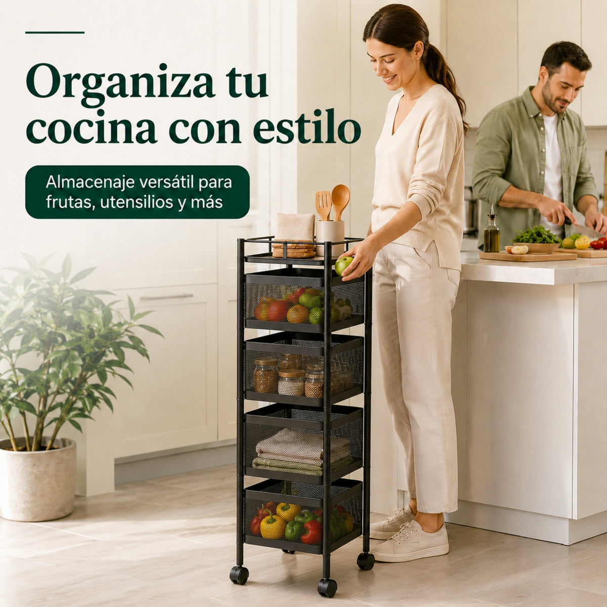 UZIRO Carrito Auxiliar con Ruedas, Verdulero Cocina 79 x 26 cm con 4 Cestas Giratorias, Ruedas 360° con Bloqueo, Capacidad de Carga más de 75 kg, Carrito Organizador, Frutero con Ruedas