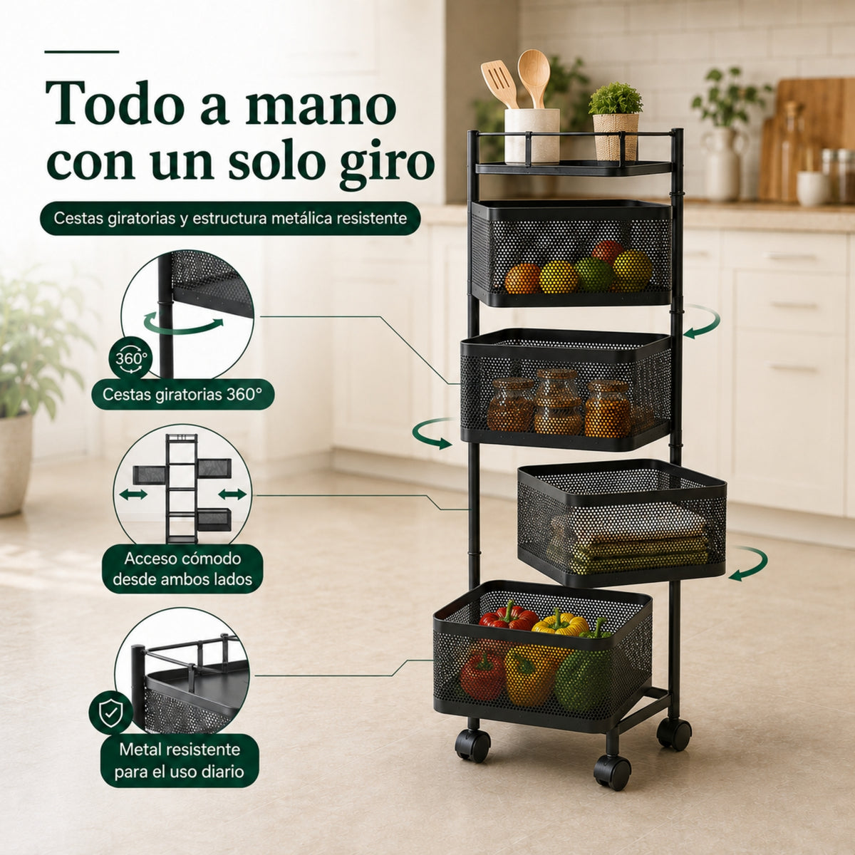 UZIRO Carrito Auxiliar con Ruedas, Verdulero Cocina 79 x 26 cm con 4 Cestas Giratorias, Ruedas 360° con Bloqueo, Capacidad de Carga más de 75 kg, Carrito Organizador, Frutero con Ruedas