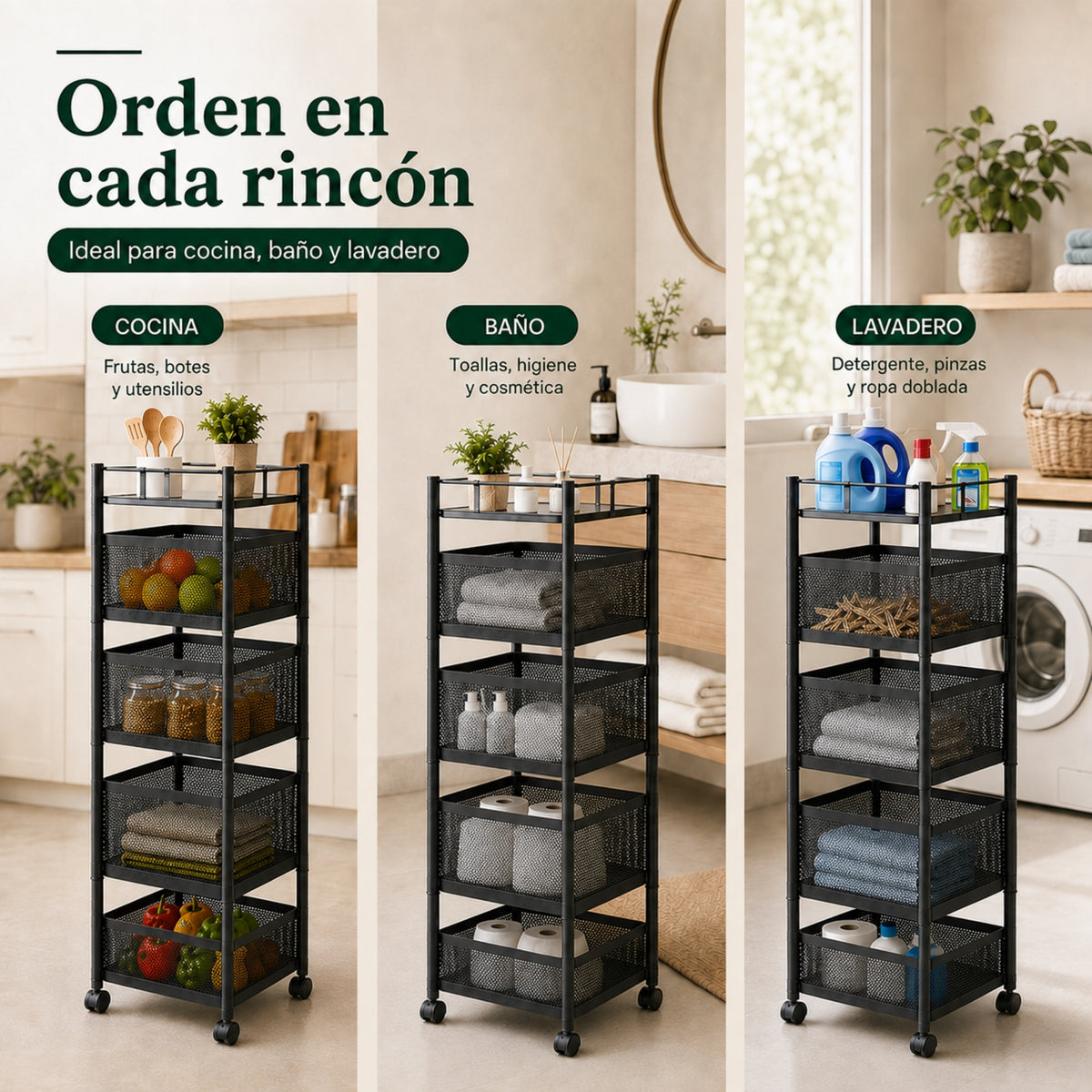 UZIRO Carrito Auxiliar con Ruedas, Verdulero Cocina 79 x 26 cm con 4 Cestas Giratorias, Ruedas 360° con Bloqueo, Capacidad de Carga más de 75 kg, Carrito Organizador, Frutero con Ruedas