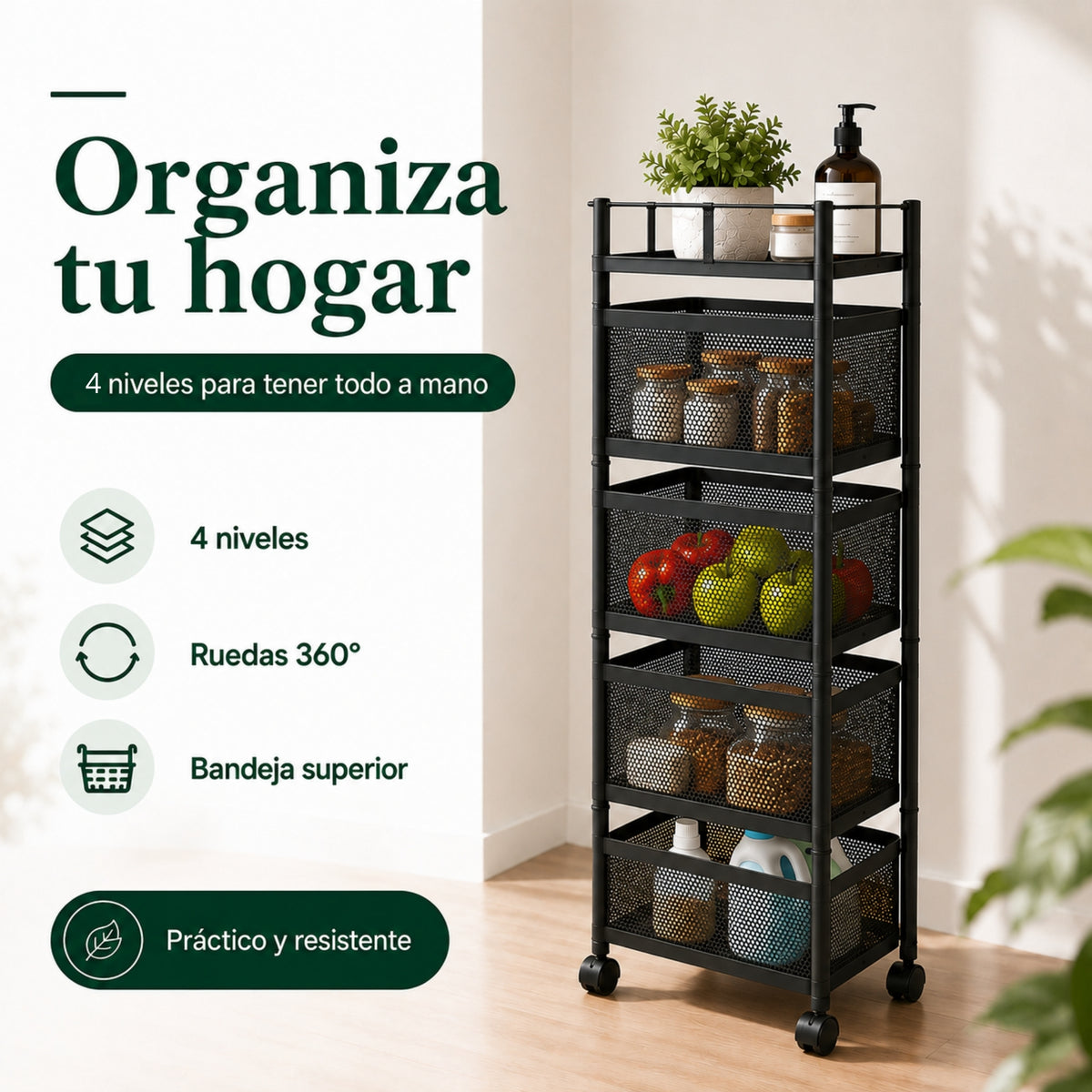 UZIRO Carrito Auxiliar con Ruedas, Verdulero Cocina 79 x 26 cm con 4 Cestas Giratorias, Ruedas 360° con Bloqueo, Capacidad de Carga más de 75 kg, Carrito Organizador, Frutero con Ruedas