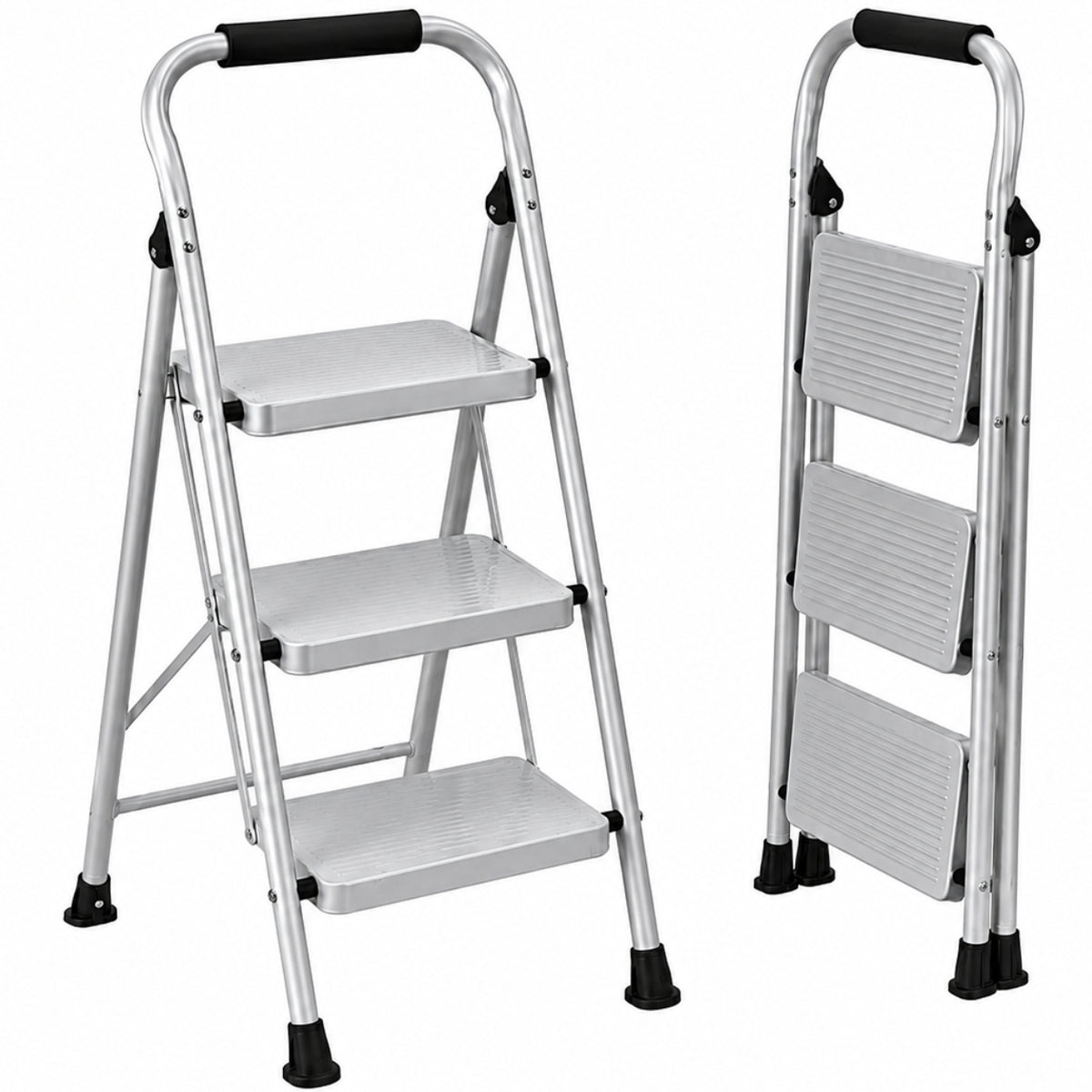 UZIRO Escalera 3 Peldaños Plegable, Escalones y Patas Antideslizantes de Acero al Carbono, con Mango Acolchado y Estructura Reforzada, Escalera Plegable 3 Peldaños, Escaleras Plegables