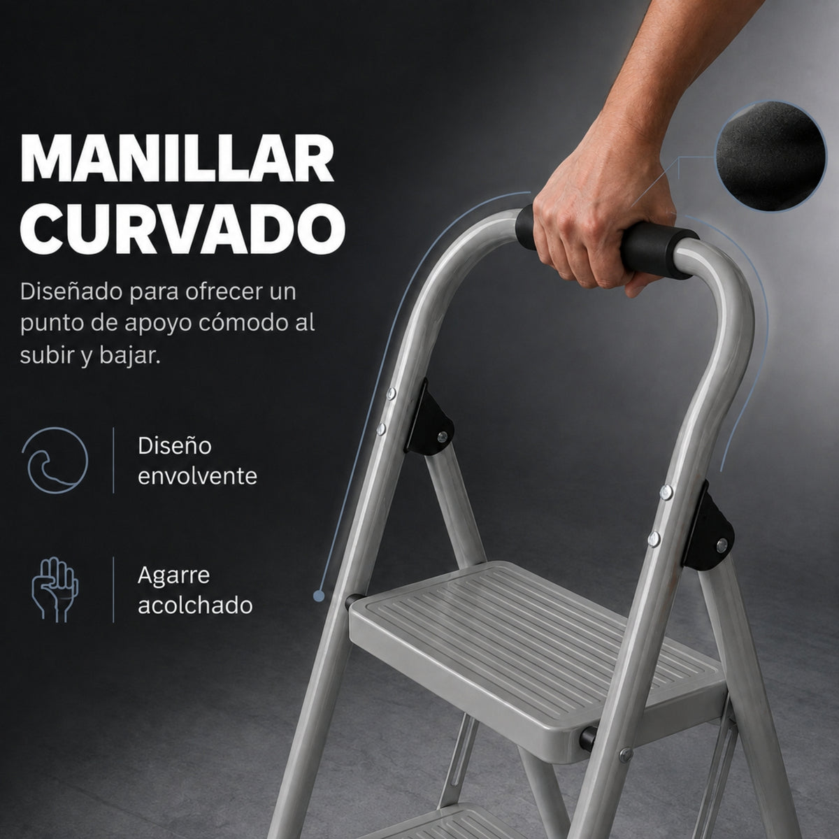 UZIRO Escalera 3 Peldaños Plegable, Escalones y Patas Antideslizantes de Acero al Carbono, con Mango Acolchado y Estructura Reforzada, Escalera Plegable 3 Peldaños, Escaleras Plegables