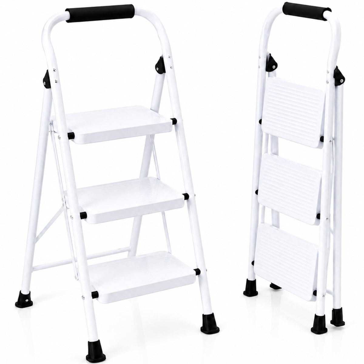 UZIRO Escalera 3 Peldaños Plegable, Escalones y Patas Antideslizantes de Acero al Carbono, Mango Acolchado y Estructura Reforzada, Escalera Plegable 3 Peldaños, Escaleras Plegables