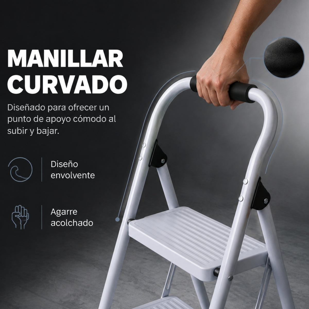 UZIRO Escalera 3 Peldaños Plegable, Escalones y Patas Antideslizantes de Acero al Carbono, Mango Acolchado y Estructura Reforzada, Escalera Plegable 3 Peldaños, Escaleras Plegables