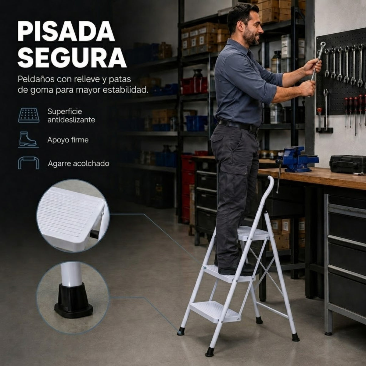UZIRO Escalera 3 Peldaños Plegable, Escalones y Patas Antideslizantes de Acero al Carbono, Mango Acolchado y Estructura Reforzada, Escalera Plegable 3 Peldaños, Escaleras Plegables