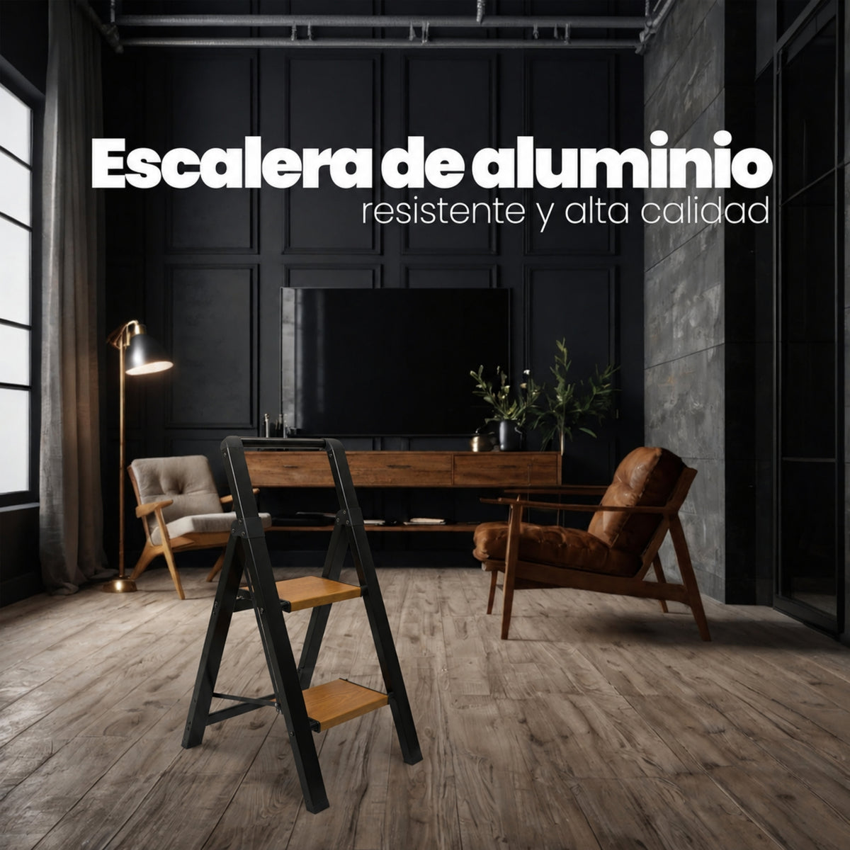 UZIRO Escalera liviana plegable de aluminio, 2 peldaños con acabado imitación madera