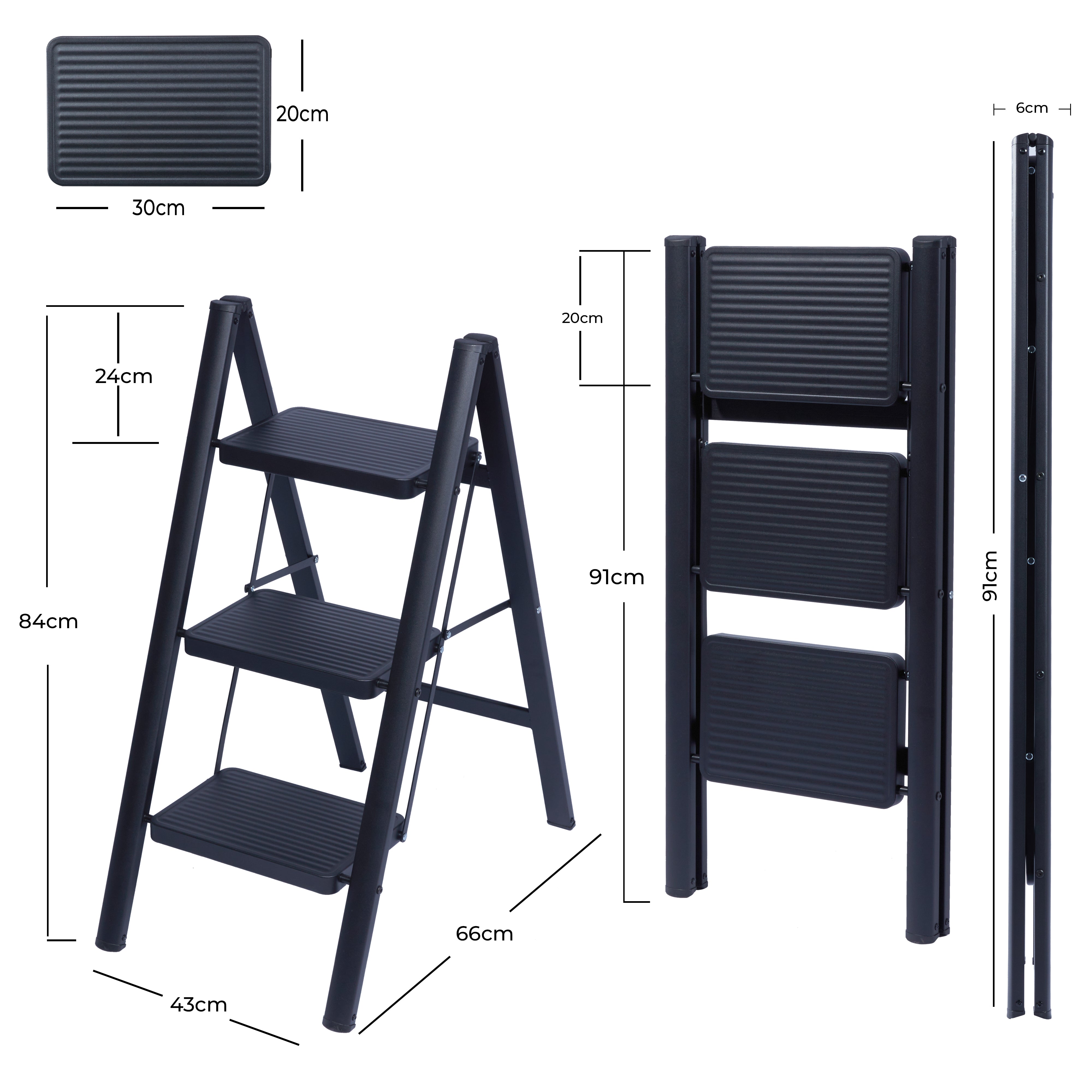 Escalera de 3 Peldaños, Escaleras Peldaños Anchos Acero Negra