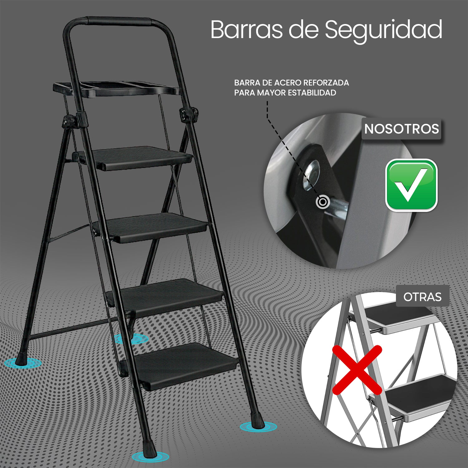 Escalera de Acero con Portaherramientas, 4 Peldaños Anchos, Color Negro