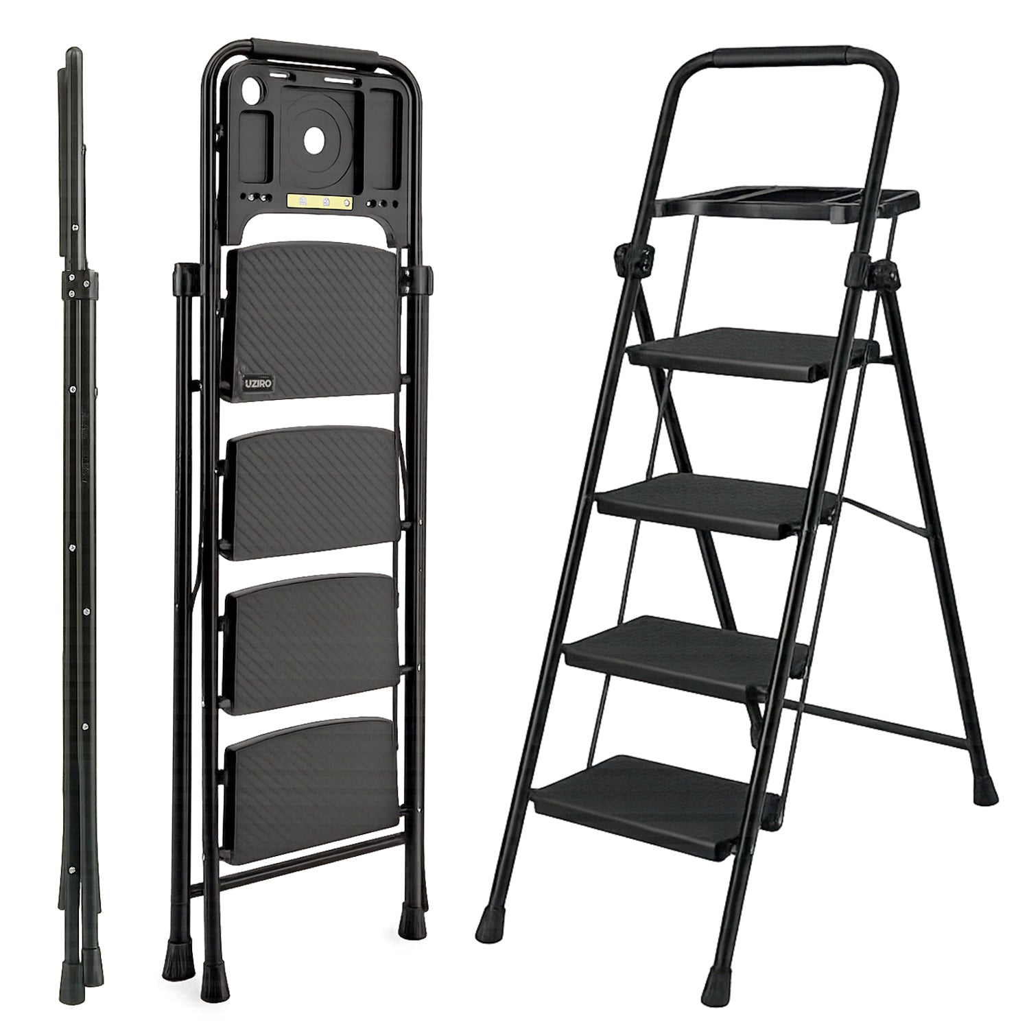 Escalera de Acero con Portaherramientas, 4 Peldaños Anchos, Color Negro