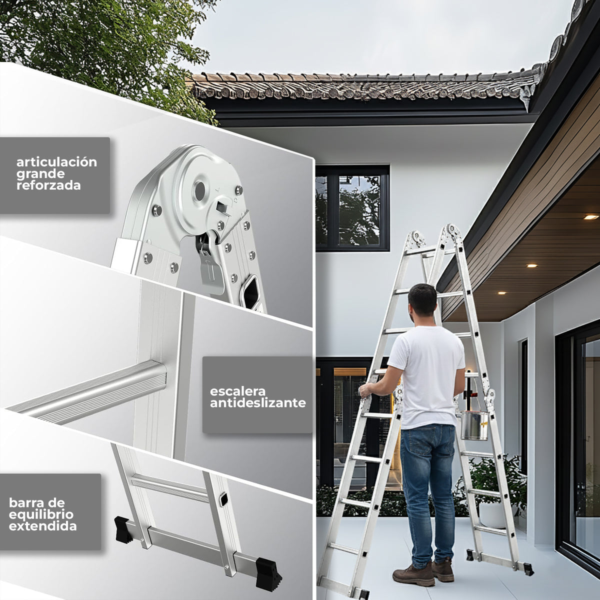 UZIRO Escalera articulada de aluminio 4×4, 4,70 m y bloqueo automático
