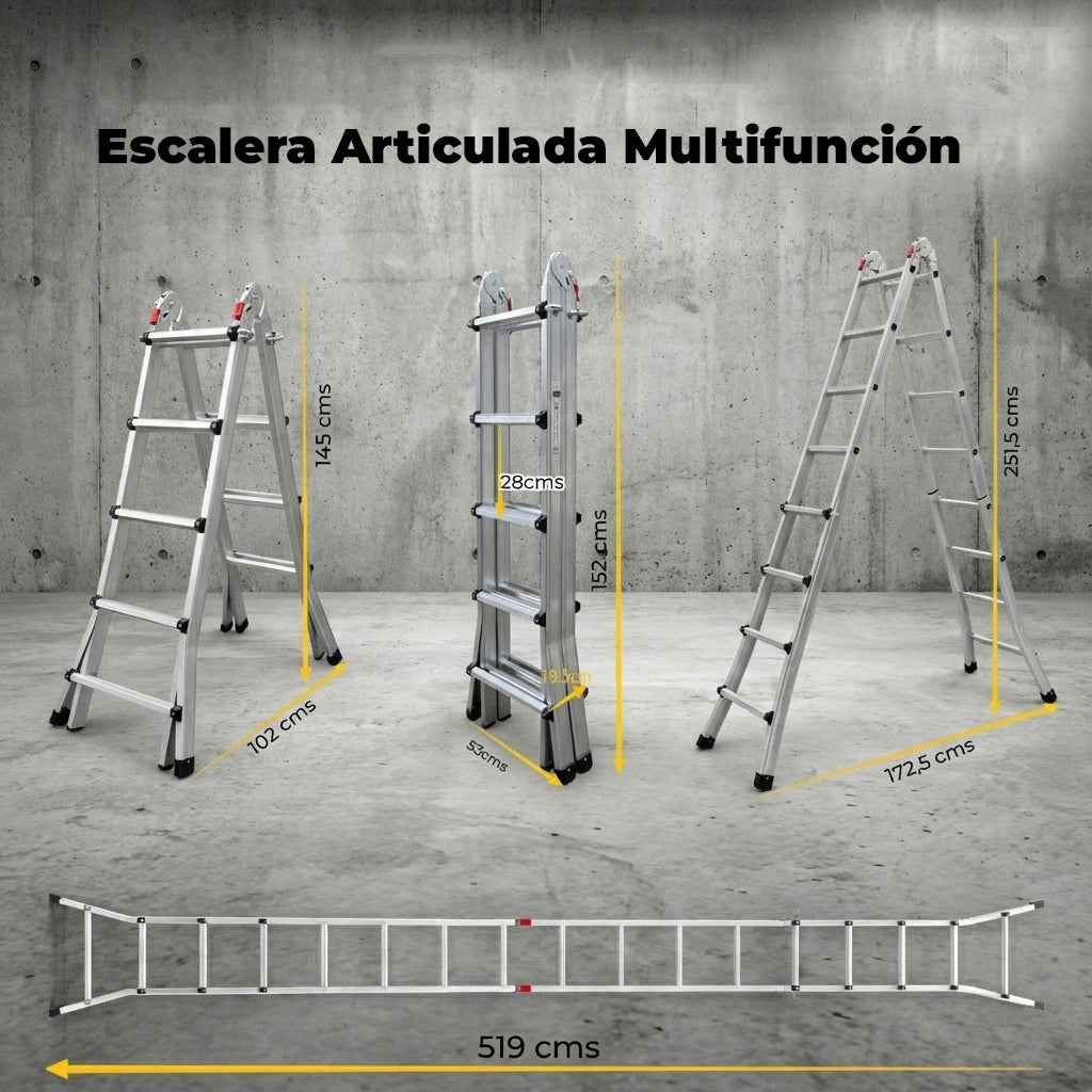 UZIRO Escalera Telescópica Plegable Articulada de Aluminio 4x5, Escaleras Multiposición Extensibles ,5,10 M, 5 Peldaños, Soporta hasta 150 KG, Plegable y Compacta.