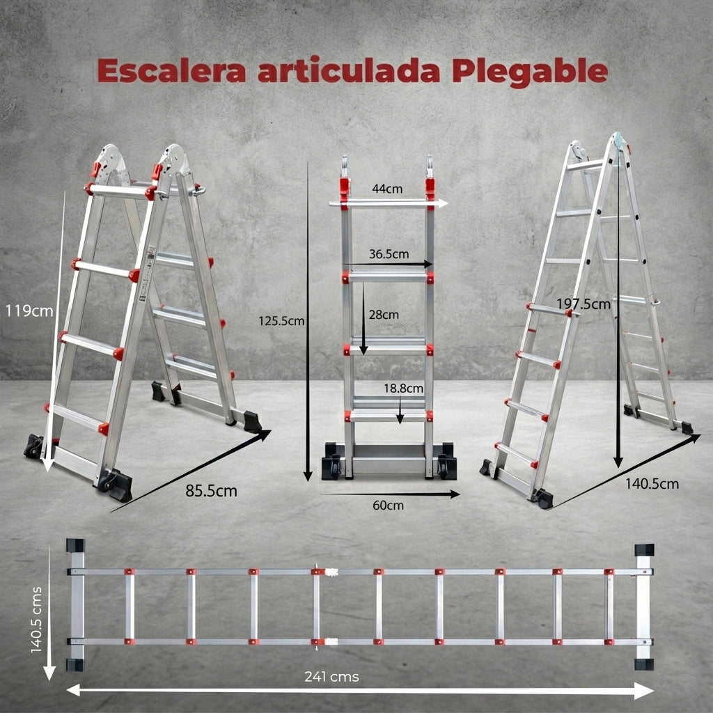 UZIRO Escalera telescópica articulada de aluminio 4×4, 3,98 m con estabilizador y ruedas