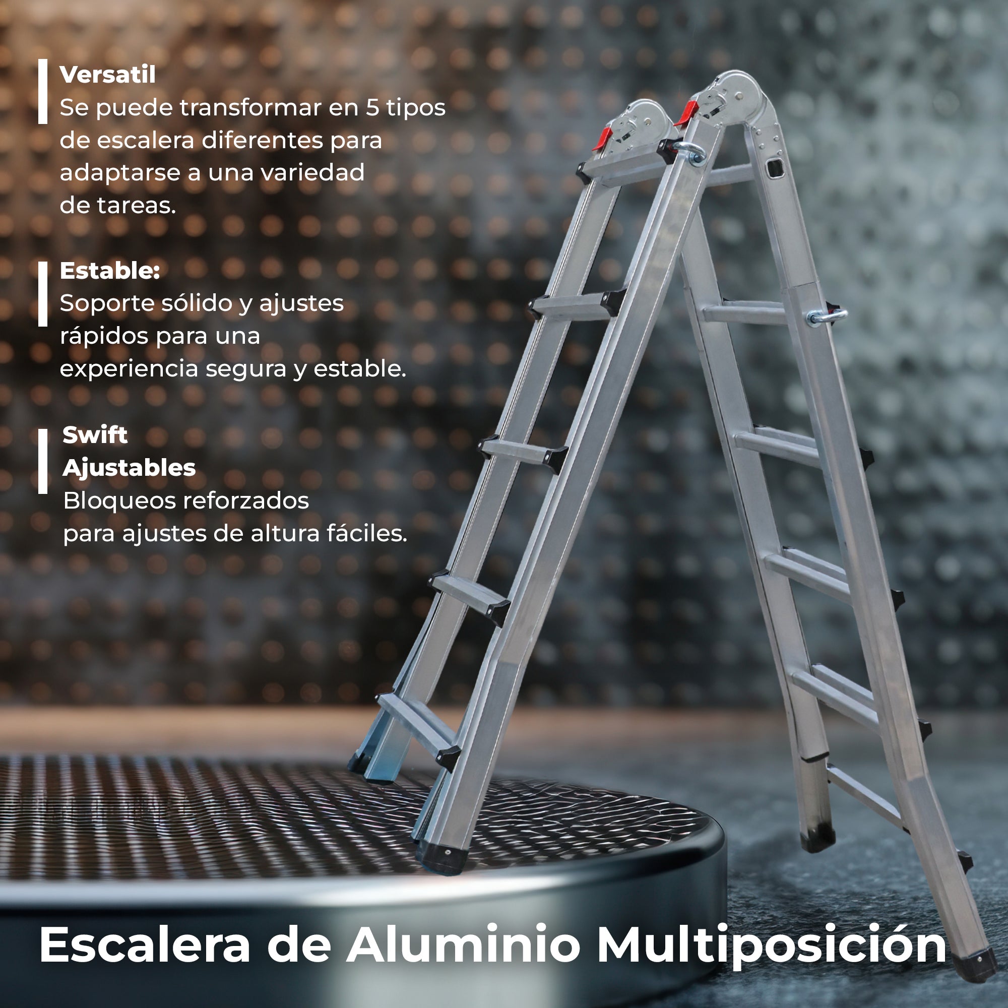 UZIRO Escalera Telescópica Plegable Articulada de Aluminio 4x5, Escaleras Multiposición Extensibles ,5,10 M, 5 Peldaños, Soporta hasta 150 KG, Plegable y Compacta.