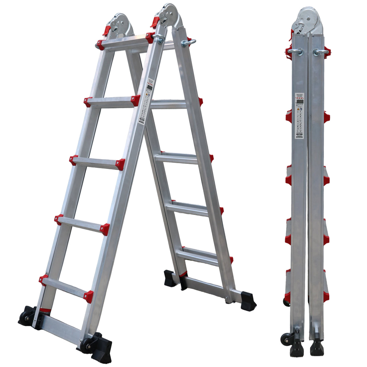 UZIRO Escalera Telescópica Plegable Articulada de Aluminio 4x5, Multiposición Extensibles, 5,22 M, 5 Peldaños, Soporta hasta 150 KG, Plegable y Compacta, con Barra Estabilizadora y Ruedas