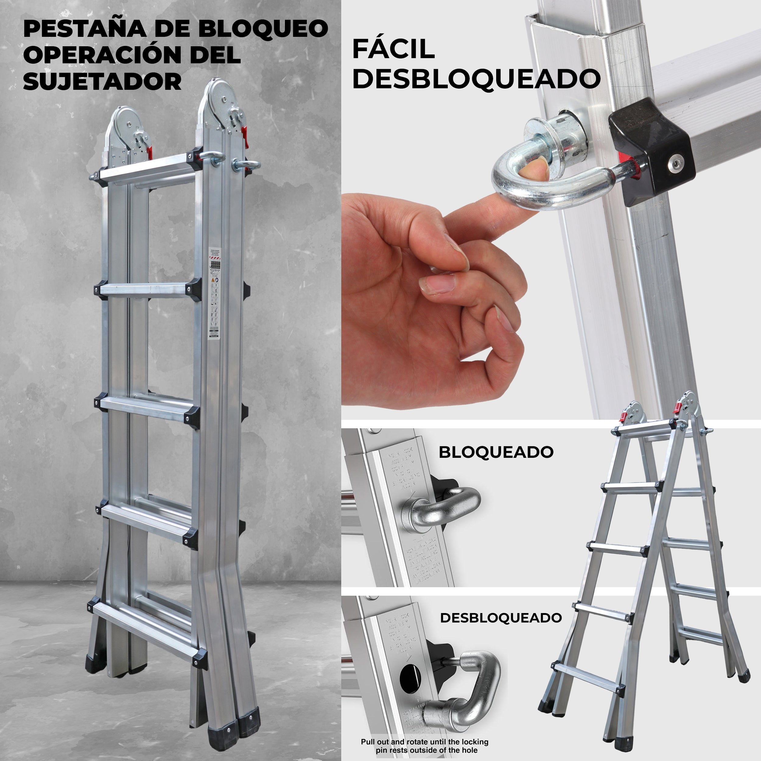 UZIRO Escalera Telescópica Plegable Articulada de Aluminio 4x5, Escaleras Multiposición Extensibles ,5,10 M, 5 Peldaños, Soporta hasta 150 KG, Plegable y Compacta.