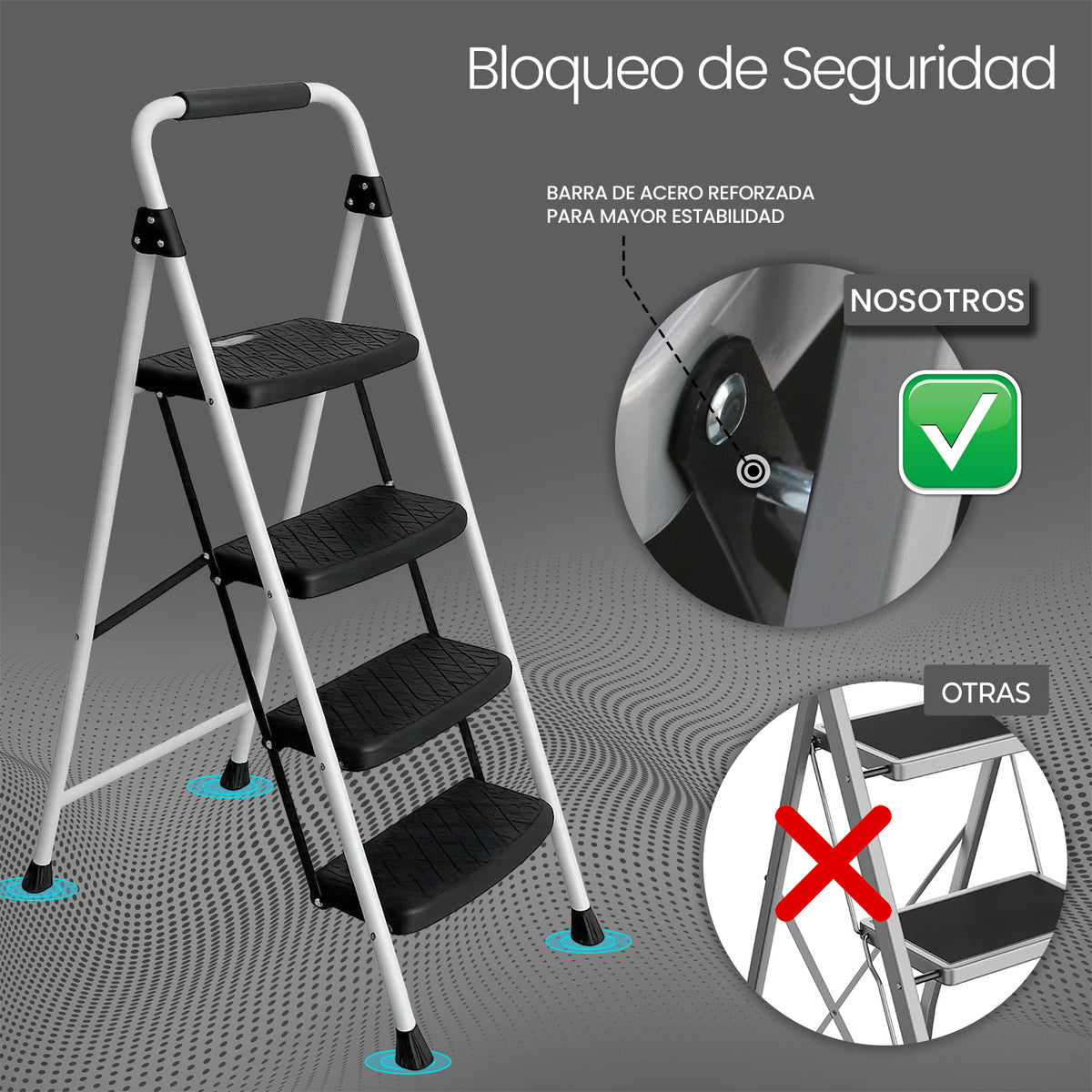 UZIRO Escalera liviana plegable blanca de acero y aluminio, 4 peldaños con asa de goma
